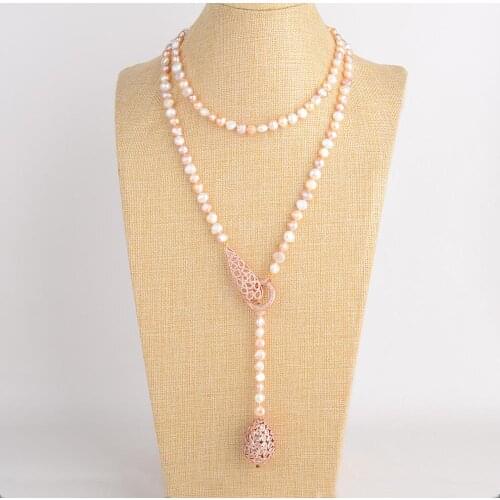 45'' Multi Color Pearl Rose Golden Plated Connector Necklace Cz Teardrop Pendant