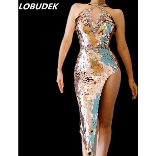 Glitter Scale Sequins Stretch Halter Split Dress Women Rhinestones Mirror Lens Sleeveless Latin Dance DJ Singer Nightclub Costum