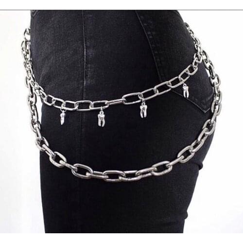 2021 Rock Hip Hop Male Women Metal Double Layer Pants Key chain Geometric Tooth Pendant Trousers Pants Chain Clothing Jewelry