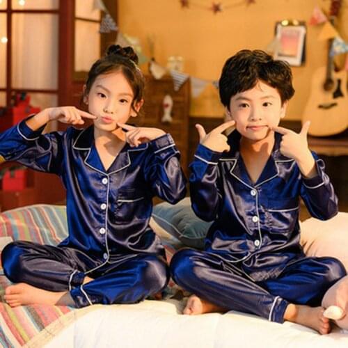 Childrens Kids Pyjamas Silk Satin Tops Pant Spring Summer Long Sleeve Sleepwear Nightwear Girls Boys Pajama Sets Teen Pajamas