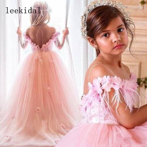 Lovely Blush Pink Flower Girls Dresses With Feather Flower Floor Length Girls Pageant Dresses Floral Applique Flower Custom