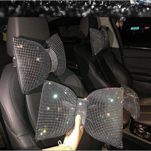 Creative Diamond Crystal Bow Car Neck Pillow Rhinestone Auto Headrest Seat Support Waist Pillow Bling Car Accessories for Women
