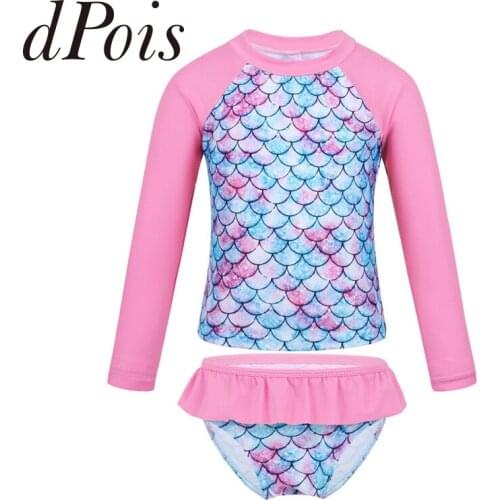 Girls Tankini Swimsuits Bathing Suit Fish Scales Printed Long Sleeves Tops with Bottoms UPF 50+ Sun Protection Kids Swimwear