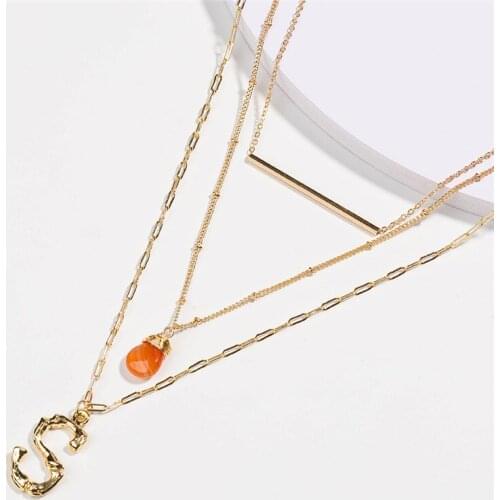 Fashion Vintage Natural Orange Stone Pendant 3-Multi-layer Lady Necklace Jewelry Gold Alloy Letter Copper Pipe Pendant Necklace