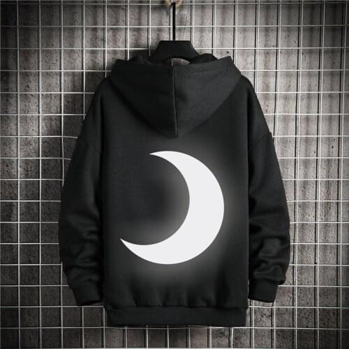 Moon Reflection Hoodie Men Hip Hop Hooded Streetwear Japanese Casual Sweatshirts Men Loose Fashion Printed Reflective Top 5XL