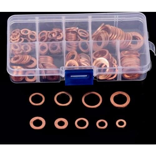 200pcs Copper Washer Set Assortment Flat Ring Seal Copper Gasket Kit Set with Box M5-M14 For Tool Accessories