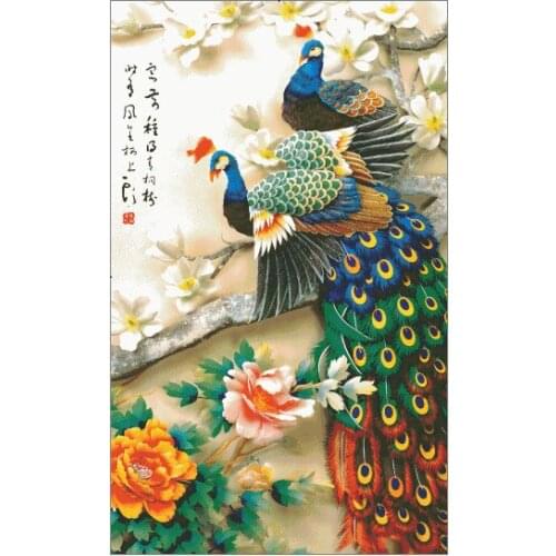 Beautiful Peacock Peony Flower Cross Stitch Kits 14CT Unprinted Counted Oil Painting Sewing kit Embroidered Handmade Home Decor