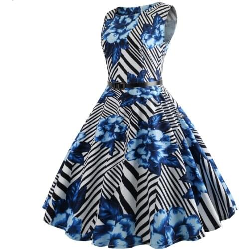 New summer striped floral Women Summer Swing Vintage Dress 50s 60s Retro Dress With Belt sexy dancing dress Party Dresses