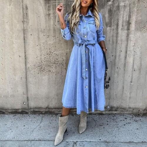 Autumn Denim Shirt Midi Dress Women Single Breasted Turndown Collar Sashes Dress Long Sleeve Casual Elegant Female Vestidos 2021