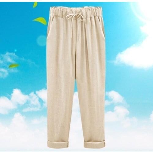 Autumn Women Elastic Waist Solid Color Pants Cotton Linen Cropped Trousers Loose Women Drawstring Harem Pants Fashion Trousers