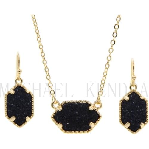 Druzy Drusy Necklace Earrings Jewelry Set Oval Hexagon style Resin Gold Color Dangle Earings for Women Party Wedding gift