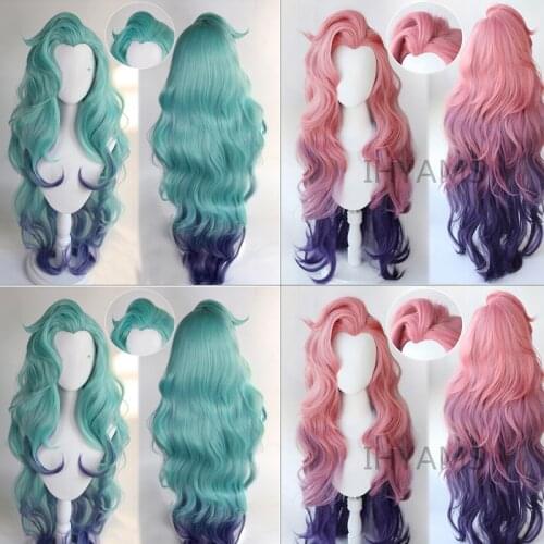Seraphine Cosplay Wig LoL KDA Cosplay Loose Wave Green mixed Purple Wigs Pink Mixed Heat Resistant Synthetic Hair Game + Wig Cap