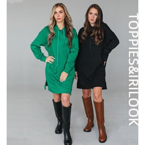 Toppies 2021 Autumn Long Sleeve Sweatshirt Hooded Dress Loose Casual Oversized long tops Hem Slit dresses women
