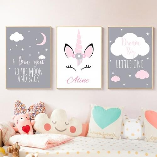 Unicorn Poster Custom Name Posters Cloud Print Children Nursery Canvas Painting Nordic Girl Childrens Bedroom Home Decor