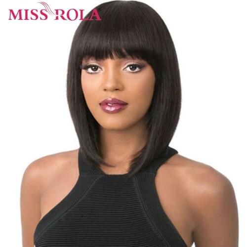 MISS ROLA Short Bob Straight Synthetic Wig with Bangs Natural Black Hair for Women Party and Daily Used High Tempearture Fiber
