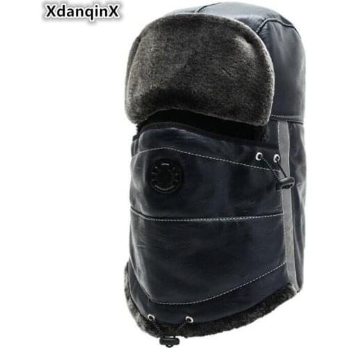 XdanqinX New Winter Men Thick Velvet Bomber Hats Women Warm Fur Hat PU Waterproof Cold-proof Ski Caps Couple Hats Earmuffs Cap