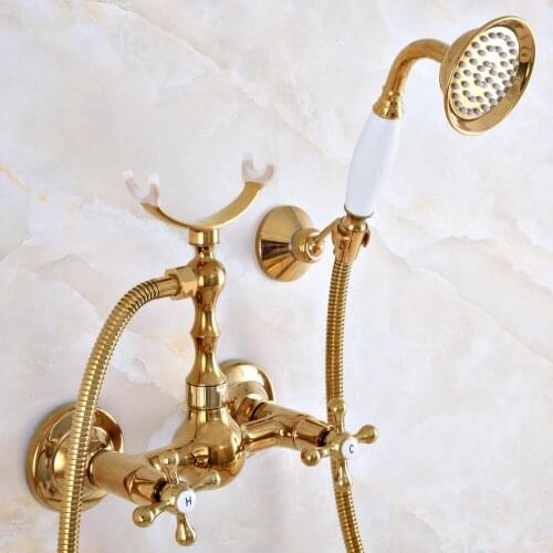 Contemporary Luxury Gold Color Brass Wall Mounted Bathtub Faucet with Handheld Shower Set +150CM Hose Mixer Tap 2na944