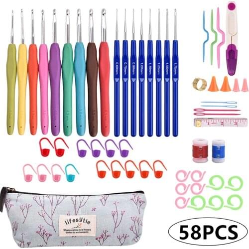 58pcs Crochet Set Soft Handle Crochet Hook Yarn Knitting Needle with Storage Bag Knitting Craft Case Sewing Tool Aaccessories