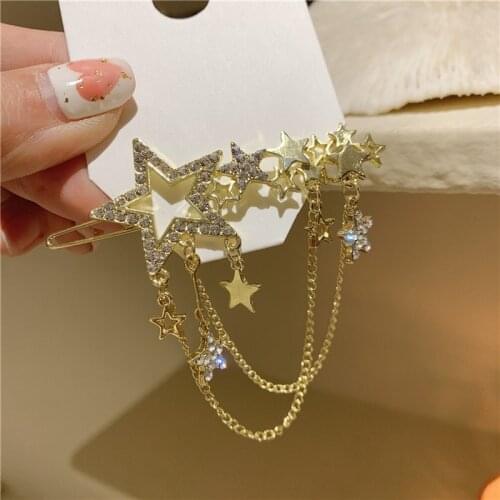 LOVOACC Fairy Bling Rhinestone Star Long Tassel Barrettes for Women Femme Gold Color Chains Hair Clip Accessories Headwear 2021
