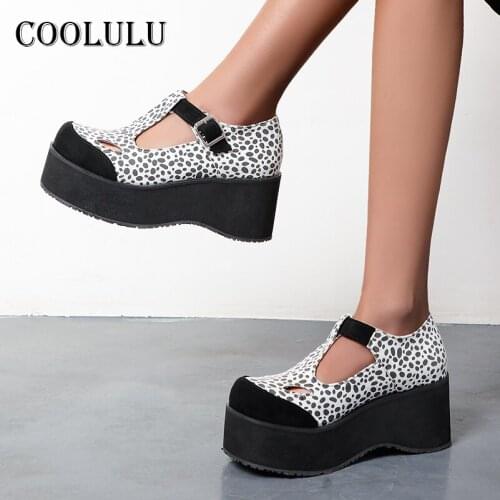 COOLULU T-Strap Woman Shoes Platform High Heels Wedges Heel Pumps Buckle Round Toe Female Dress Footwear Spring Yellow Size 48