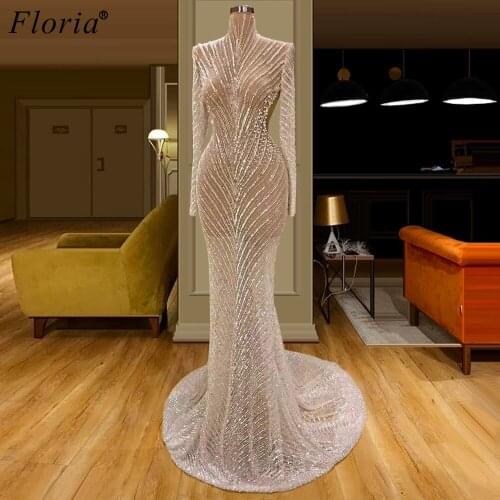 2020 Dubai Muslim Long Evening Dresses Glitter Sexy Prom Gowns Party Women Formal Occasion Dress With Pearls Vestido De Festa