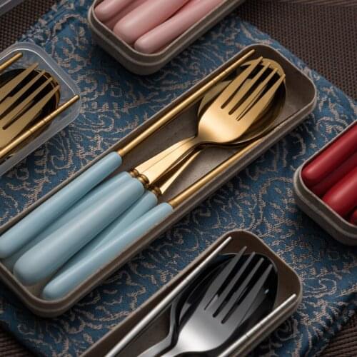 Golden Soup Spoons Chopsticks Fork Creative Flatware Set Christmas Western Restaurant Use Forks Kitchen Utensils Gift Box Set
