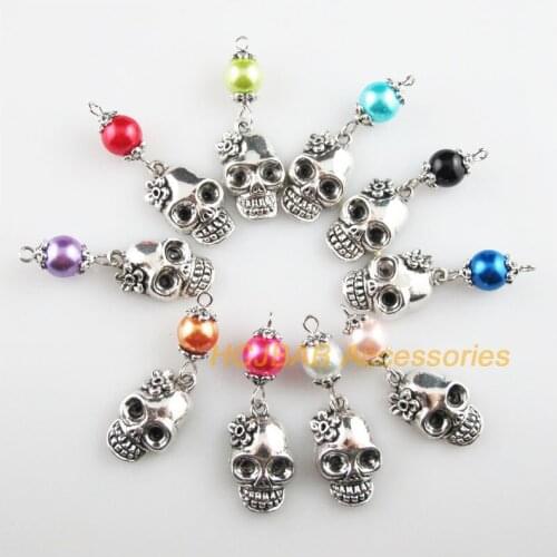 10Pcs Tibetan Silver Flower Skull Mixed Glass Beads Charms Pendants 13x39mm