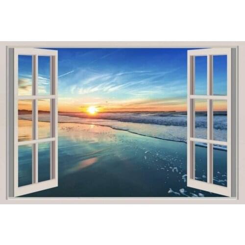 3D Hot Sunset Seaside Window Frame Window Mural Vinyl Bedroom Vinyl Wallpaper Wall Decals Stickers Christmas Wall Sticker
