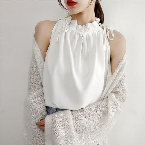 Summer Women Chiffon Drawstring Lady Sleeveless All-Match Blouses Fashion Shirring Halter Bare Shoulders Loose Top Blusas MM0379