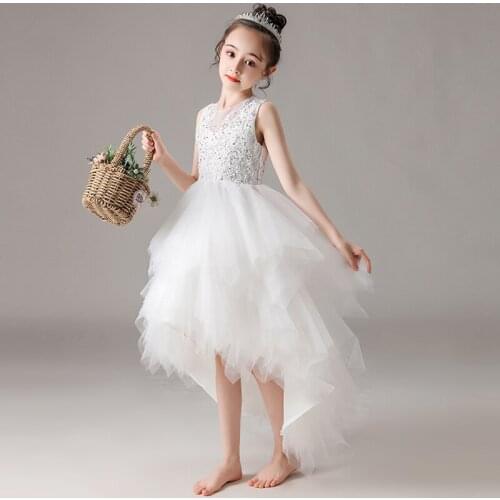 Flower Girl Dresses Illusion Sleeveless O-Neck Embroidery Crystal Luxury Lace Tulle Princess Knee-Length Kids Party Gown H337