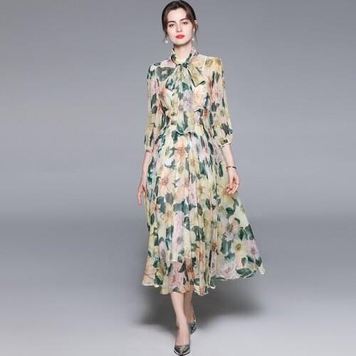 JSXDHK 2021 Runway Summer Flower Holiday Dress Fashion Women Camellia Printing Chiffon Bow Yellow Female Midi Dresses Vestidos