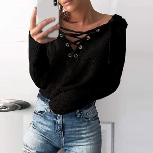 New Women Blouses Solid Color Long Sleeve V Neck Front Cross Bandage Pullover Knitwear Top Fashion Pullovers femme Clothing