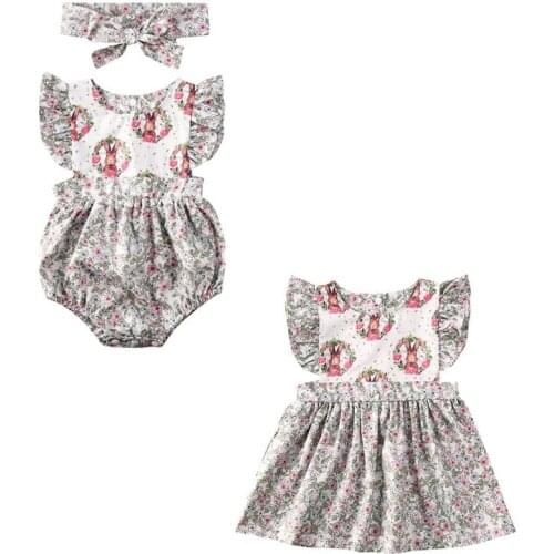 Pudcoco Dropshipping Summer Cute Infant Baby Girls Dress/Romper Headband Ruffles Sleeve Floral Print A-Line Dress Kids Jumpsuits