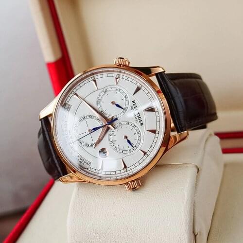 Reef Tiger/RT World Time Watches With Date Day Month Rose Gold Leather Strap Watch Double Time Mens Automatic Watch RGA1951