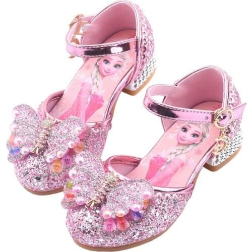Disney Diamond bow childrens princess shoes summer frozen girls high heels baby sandals little girl elsa crystal shoes