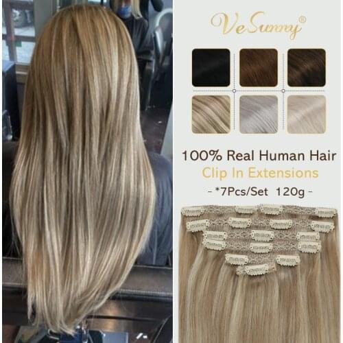VeSunny Clip in Hair Extensions Human Hair Blonde Clip in Hair Extensions #16/22 Double Weft Real Hair Silky Straight