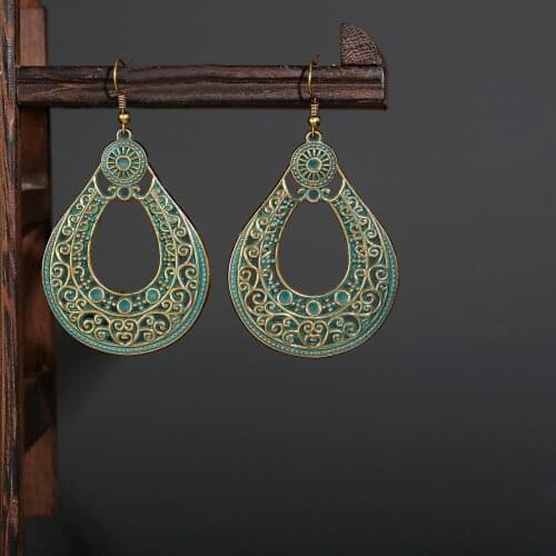 2021 Pendientes Retro Ethnic Style Exaggerated Large Water Drop Hollow Pendant Women And Girls Ear Ornaments Wedding Accessories