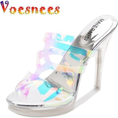 Voesnees Ladies Slippers Half - drag Color Sexy Transparent Summer Fashion Party High heels 12CM Shoes Open Toe Female Slides