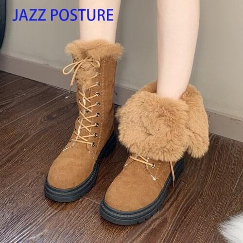 Women Warm Boots 2020 Winter Suede fur Snow Boots Women Waterproof Plush Square heel Bottom Cotton Shoes 40 z701