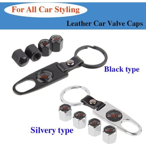 1set for All Car Model Metal Keychain +Black Leather Car Rim Tire Valve Caps Covers Auto Accessory