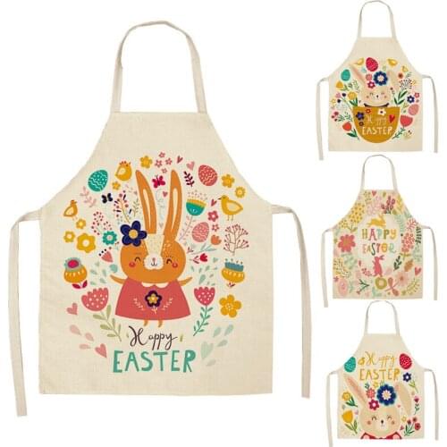 1 Pcs Cartoon Rabbit Printed Kitchen Aprons for Women Kids Sleeveless Cotton Linen Cooking Cleaning Tools