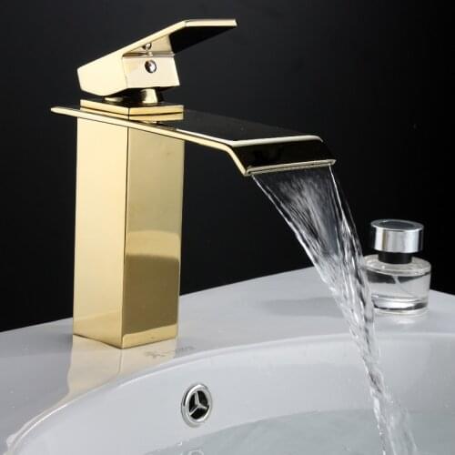 DHL Freeshipping Gold Bathroom Faucets Waterfall Faucet Hot and Cold Device Faucet Polished Golden Bathroom Basin Sink Mixer Tap