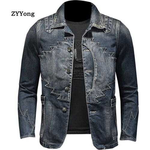 Suit Jeans Jacket For Men Style Bomber Aviator Motorcycle Denim Casual Distressed Patch Patchwork Retro Slim Streetwear Coat