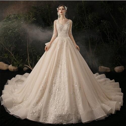 Hochzeitskleid Three Quarter Sleeve A-line Wedding Dresses Vintage Vestidos de Novia V-neck Bride Dress Beading Abito da Sposa