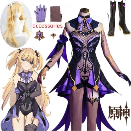 Game Genshin Impact Fischl Cosplay Costume Wigs Shoes Anime Outfits Dress Halloween Carnival Uniforms role play wigs shoes