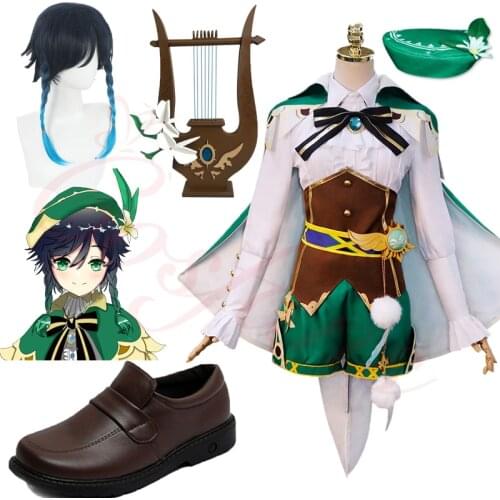 Game Genshin Impact Venti Cosplay Costume shoes God Of Wind Fashion Lovely Uniform Suit Full Set Role Play Wig Shoes Clothing