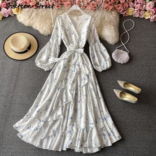 Maxi Dresses for Women Floral Lantern Sleeve Spring Autumn V Neck Ruffle Bandage Dress Clothing Women Y2k Vestido De Mujer 2021