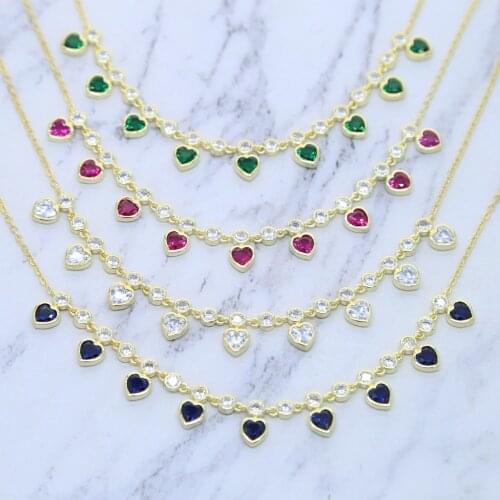 Minimal Colorful Clear Red Green Blue Cubic Zirconia CZ Paved Sparking Mini Bezel Heart Charm Choker Dainty Fashion Necklace
