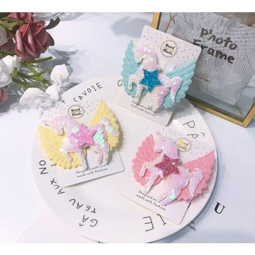 Boutique 12pcs Fashion Cute Sequin Unicorn Hairpins Glitter Star Angel Wing Horse Hair Clips Princess Hair Accessories Headwear