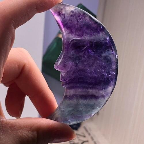 Natural fluorite crystal hand-carved moon-shaped artwork reiki healing meditation